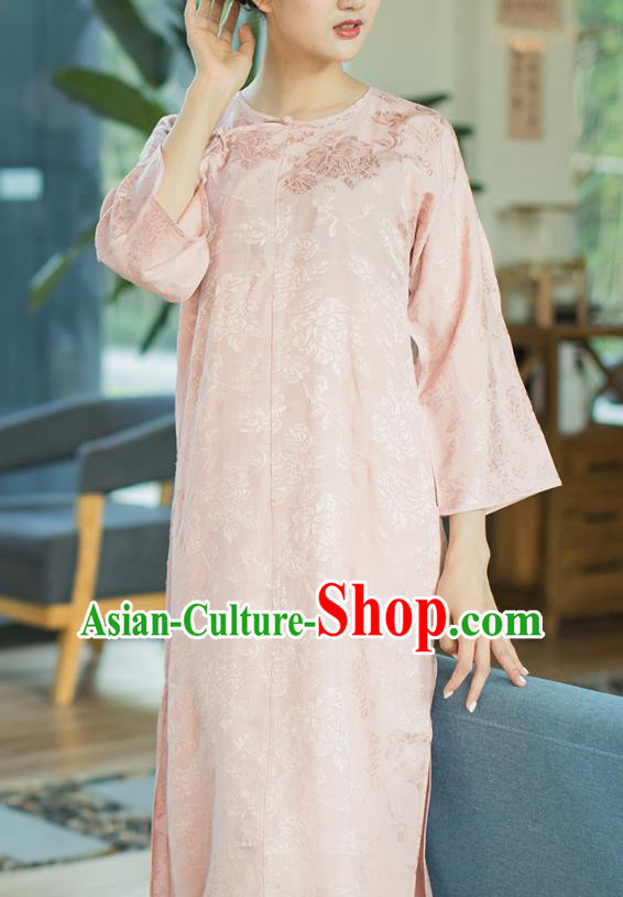 Republic of China Slant Opening Cheongsam Costume Traditional Minguo Pink Brocade Qipao Dress