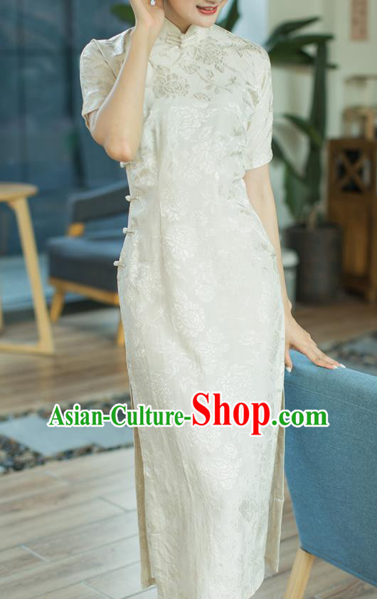 Republic of China Beige Brocade Cheongsam Costume Traditional Minguo Stand Collar Qipao Dress
