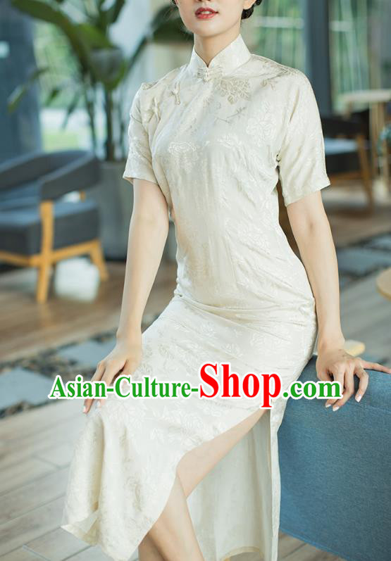 Republic of China Beige Brocade Cheongsam Costume Traditional Minguo Stand Collar Qipao Dress