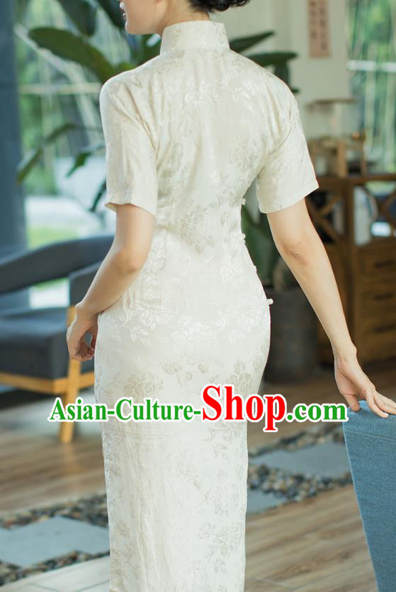 Republic of China Beige Brocade Cheongsam Costume Traditional Minguo Stand Collar Qipao Dress