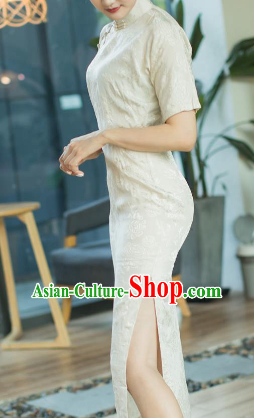 Republic of China Beige Brocade Cheongsam Costume Traditional Minguo Stand Collar Qipao Dress