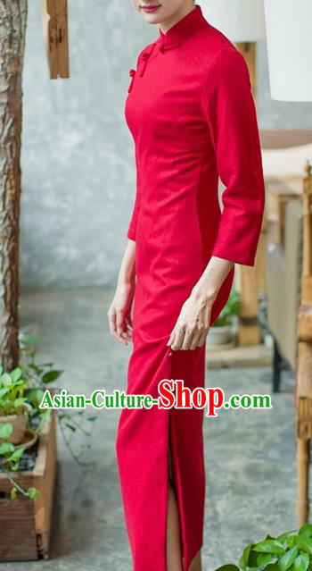 Republic of China Red Flannel Cheongsam Costume Traditional Minguo Young Lady Qipao Dress