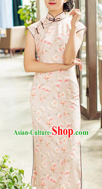 Republic of China Printing Beige Cheongsam Costume Traditional Minguo Shanghai Woman Qipao Dress