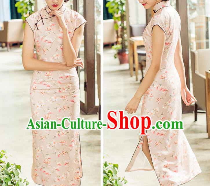 Republic of China Printing Beige Cheongsam Costume Traditional Minguo Shanghai Woman Qipao Dress