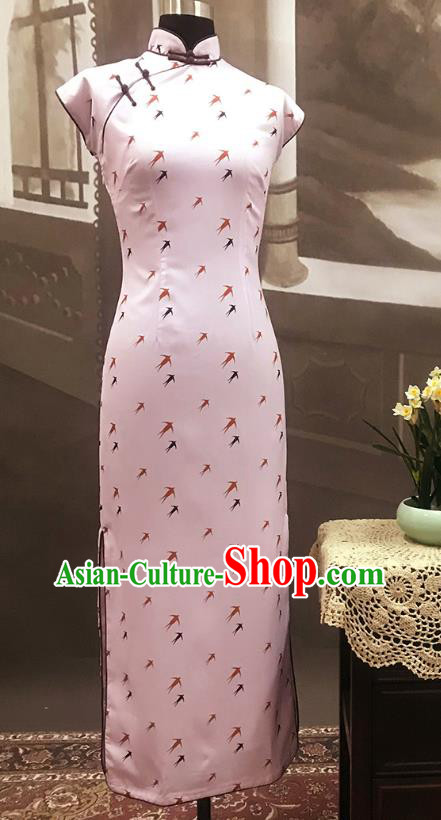 Republic of China Printing Swallow Pink Cheongsam Costume Traditional Minguo Shanghai Young Lady Qipao Dress