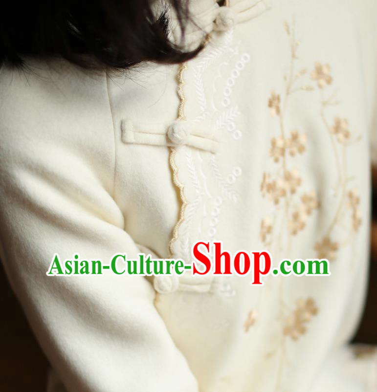 China Embroidered Beige Woolen Cheongsam Costume Traditional New Year Qipao Dress