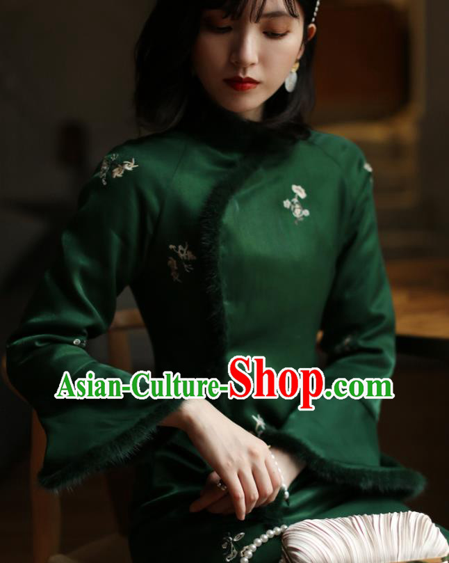 China Winter Cotton Wadded Cheongsam Costume Traditional Shanghai Green Silk Qipao Dress