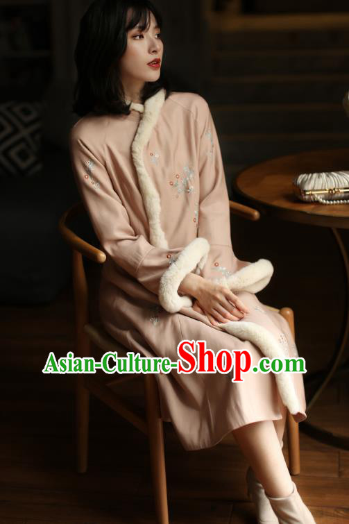 China Winter Embroidered Cotton Wadded Cheongsam Costume Traditional Shanghai Pink Qipao Dress