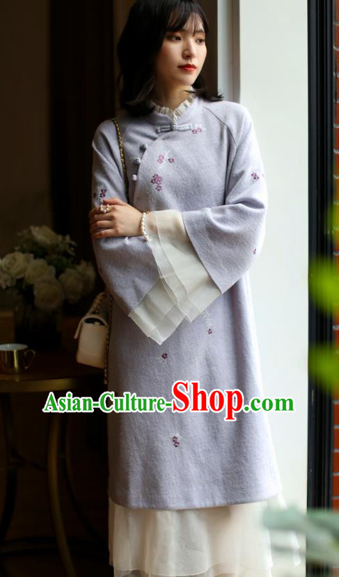 China Winter Embroidered Cheongsam Costume Traditional Young Woman Chiffon Qipao Dress