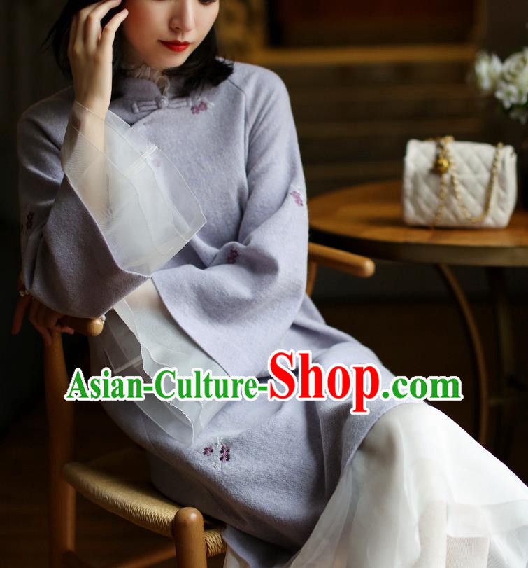 China Winter Embroidered Cheongsam Costume Traditional Young Woman Chiffon Qipao Dress