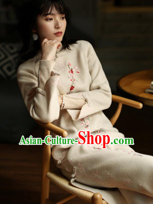 China Winter Embroidered Beige Woolen Cheongsam Costume Traditional Young Woman Stand Collar Qipao Dress