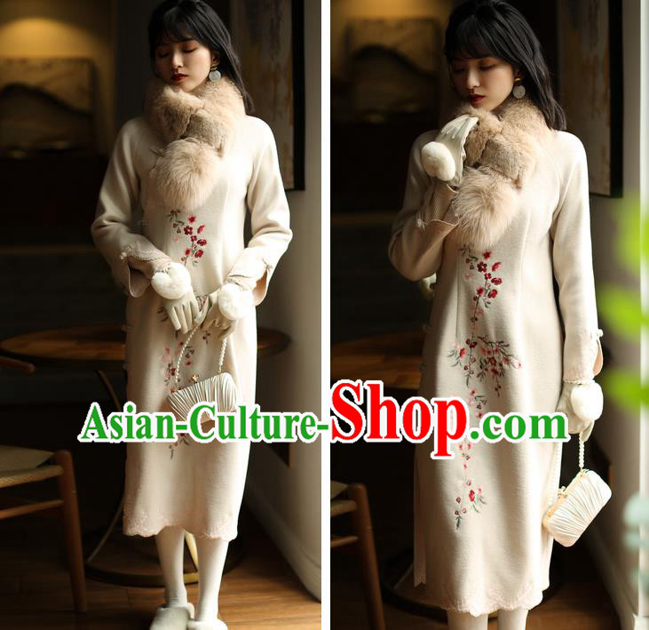 China Winter Embroidered Beige Woolen Cheongsam Costume Traditional Young Woman Stand Collar Qipao Dress