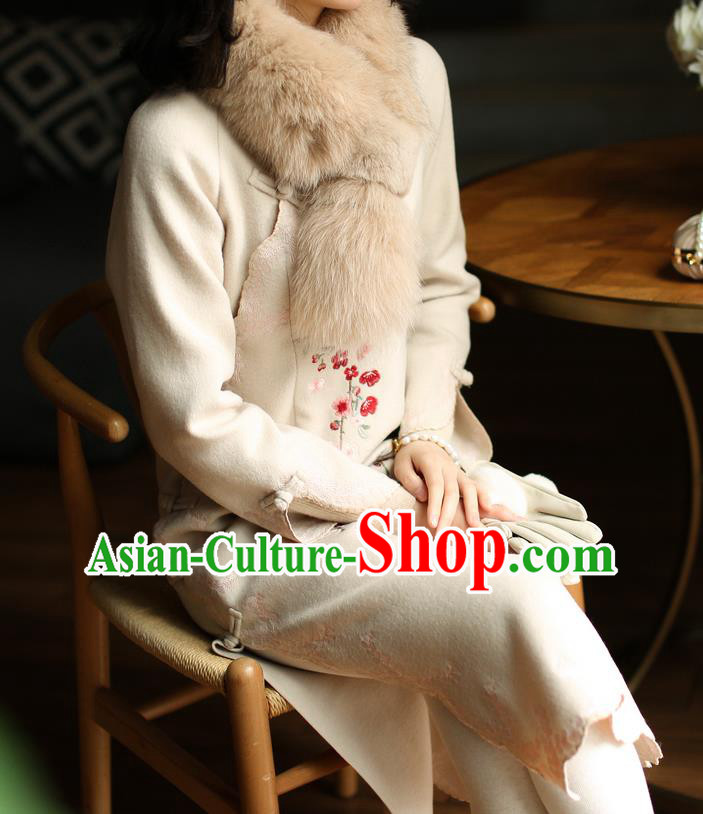 China Winter Embroidered Beige Woolen Cheongsam Costume Traditional Young Woman Stand Collar Qipao Dress