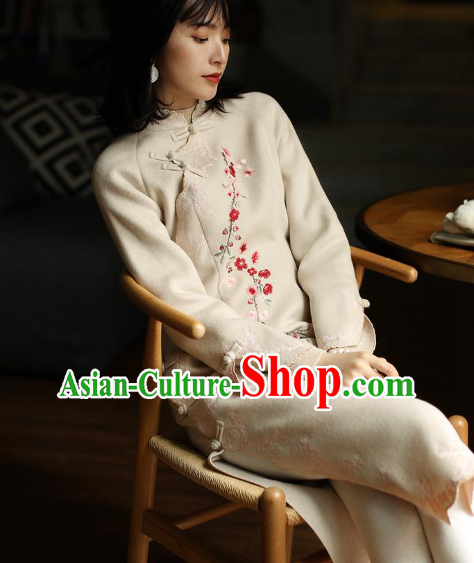 China Winter Embroidered Beige Woolen Cheongsam Costume Traditional Young Woman Stand Collar Qipao Dress