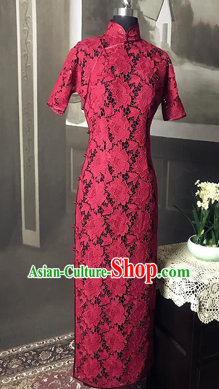 Republic of China Red Peony Lace Cheongsam Costume Traditional Minguo Shanghai Mother Qipao Dress