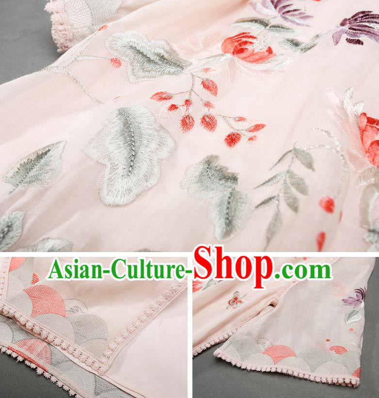 China Classical Pink Ramine Cheongsam Costume Traditional Young Woman Embroidered Chrysanthemum Qipao Dress