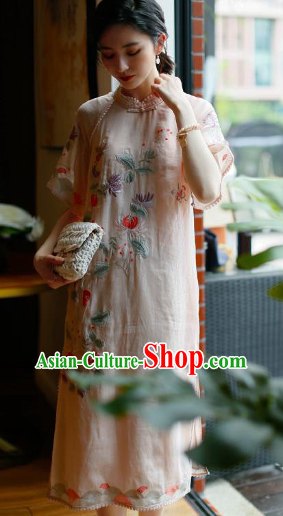 China Classical Pink Ramine Cheongsam Costume Traditional Young Woman Embroidered Chrysanthemum Qipao Dress