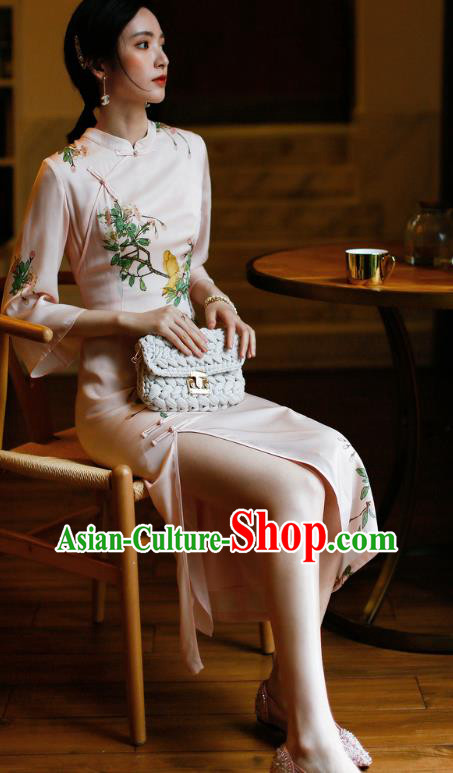 China Modern Dance Cheongsam Costume Traditional Young Woman Printing Pink Silk Qipao Dress