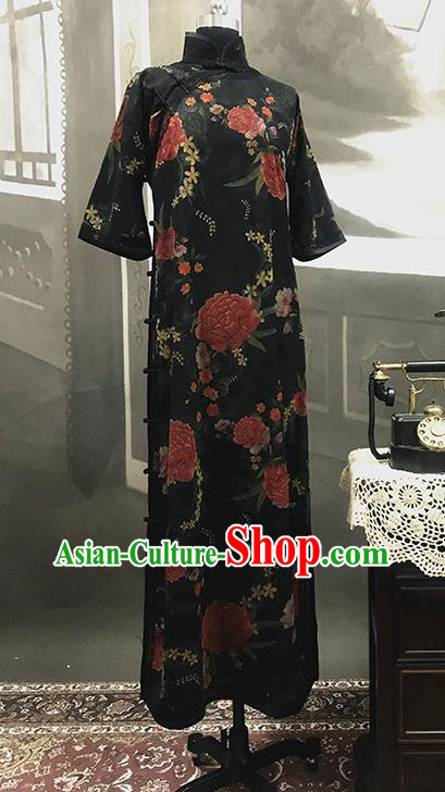 Republic of China Gambiered Guangdong Gauze Cheongsam Costume Traditional Minguo Printing Peony Black Silk Qipao Dress