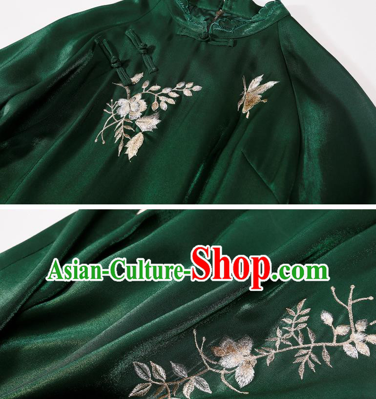 China Modern Deep Green Cheongsam Costume Traditional Young Lady Embroidered Qipao Dress