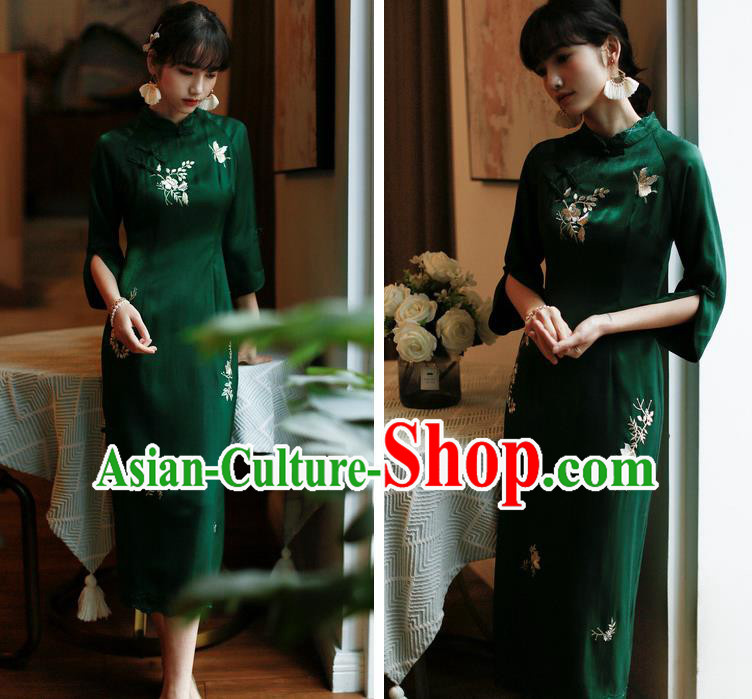 China Modern Deep Green Cheongsam Costume Traditional Young Lady Embroidered Qipao Dress