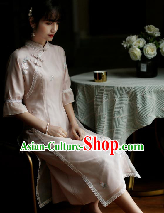 China Young Lady Classical Cheongsam Costume Traditional Embroidered Pink Silk Qipao Dress
