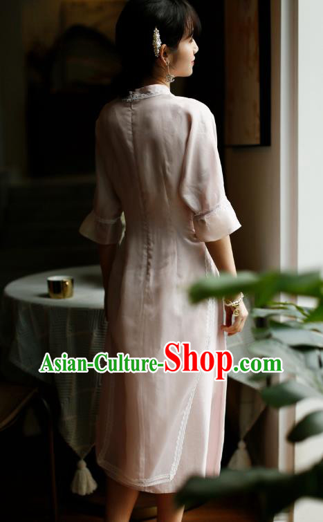China Young Lady Classical Cheongsam Costume Traditional Embroidered Pink Silk Qipao Dress