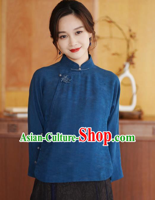 China National Blue Silk Shirt Traditional Jacquard Watered Gauze Blouse Top Garment
