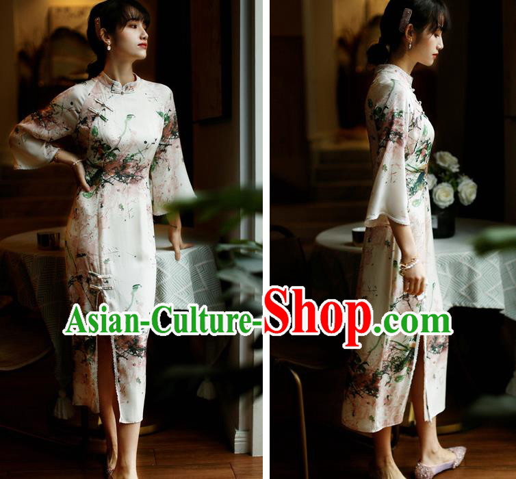 China Classical Printing Silk Cheongsam Costume Traditional Young Lady Qipao Dress