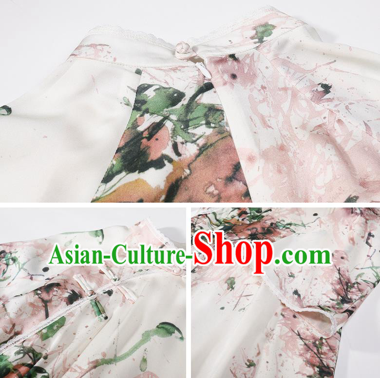 China Classical Printing Silk Cheongsam Costume Traditional Young Lady Qipao Dress