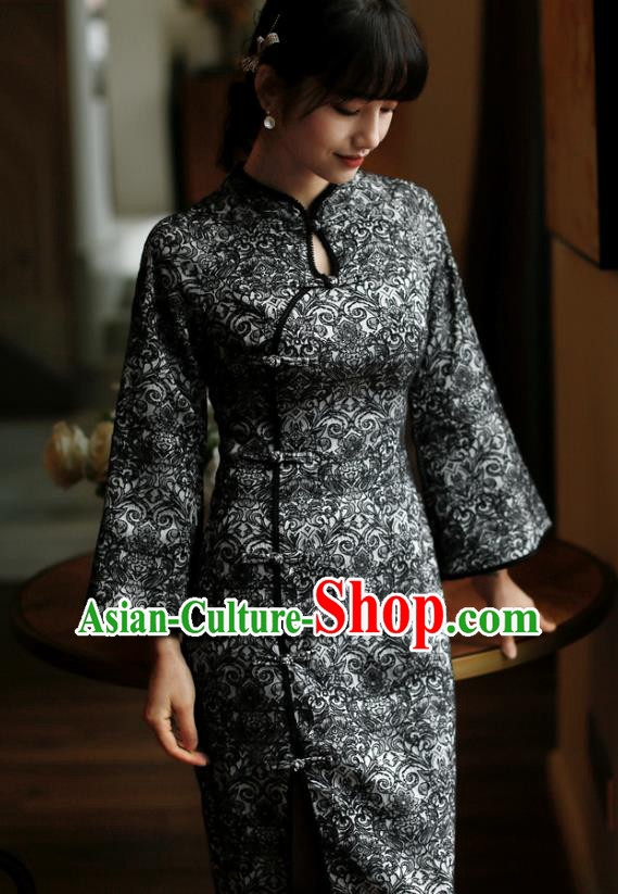 China Modern Dance Cheongsam Costume Traditional Young Lady Slim Black Qipao Dress