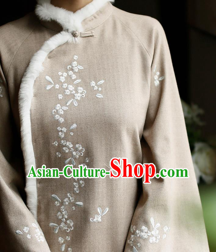 China Winter Cheongsam Costume Traditional Young Lady Light Grey Woolen Qipao Dress