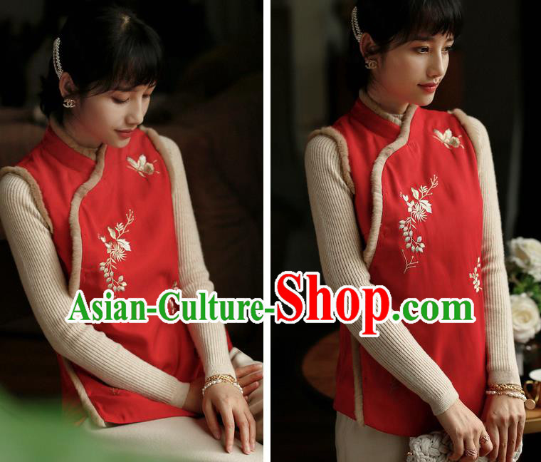Chinese Traditional Winter Cotton Wadded Waistcoat National Embroidered Red Vest