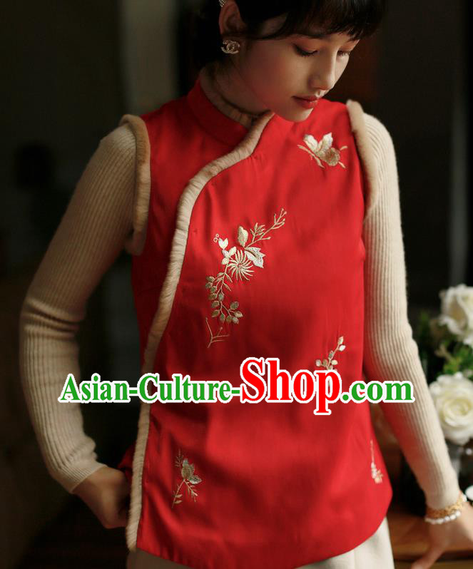 Chinese Traditional Winter Cotton Wadded Waistcoat National Embroidered Red Vest