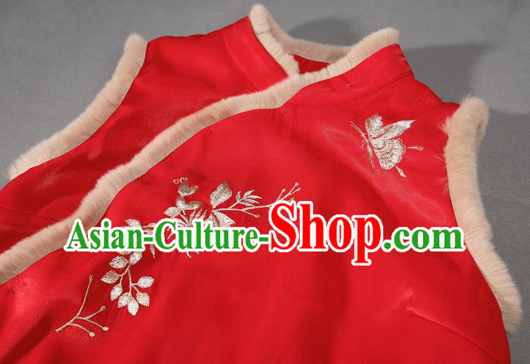 Chinese Traditional Winter Cotton Wadded Waistcoat National Embroidered Red Vest