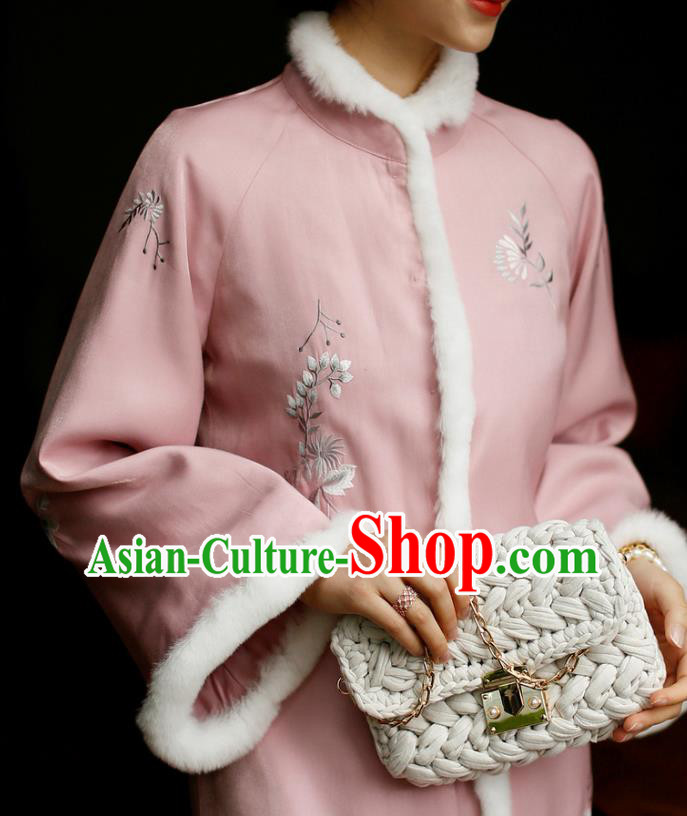 China Winter Pink Cheongsam Costume Traditional Young Lady Embroidered Cotton Wadded Qipao Dress