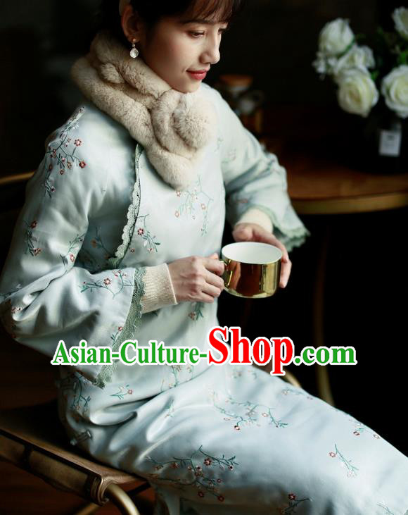 China Winter Cotton Wadded Cheongsam Costume Traditional Young Lady Embroidered Green Qipao Dress