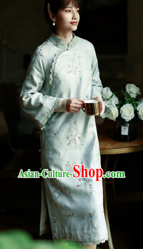 China Winter Cotton Wadded Cheongsam Costume Traditional Young Lady Embroidered Green Qipao Dress