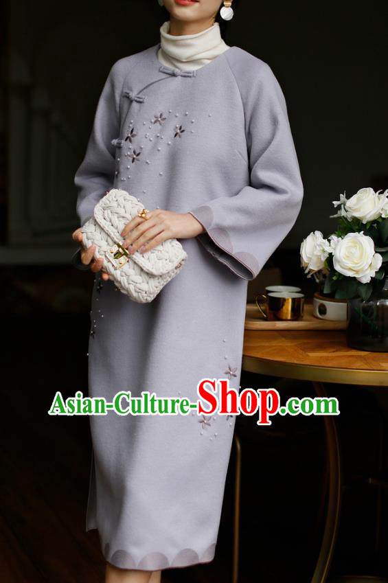 China Winter Purple Woolen Cheongsam Costume Traditional Young Lady Embroidered Qipao Dress