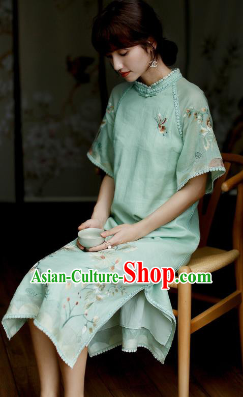 China Classical Embroidered Green Cheongsam Costume Traditional Young Lady Qipao Dress