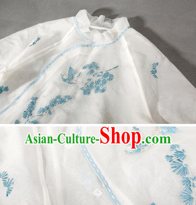 China Modern Cheongsam Costume Traditional Embroidered White Organdy Short Qipao Dress