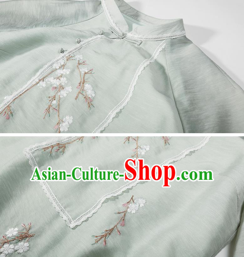 China Classical Cheongsam Costume Traditional Young Lady Embroidered Light Green Qipao Dress
