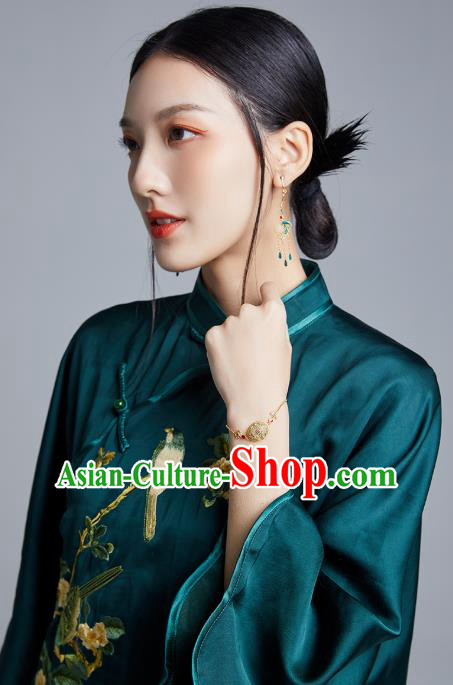 China Classical Embroidered Flowers Bird Cheongsam Costume Traditional Young Lady Atrovirens Silk Qipao Dress
