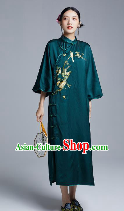 China Classical Embroidered Flowers Bird Cheongsam Costume Traditional Young Lady Atrovirens Silk Qipao Dress