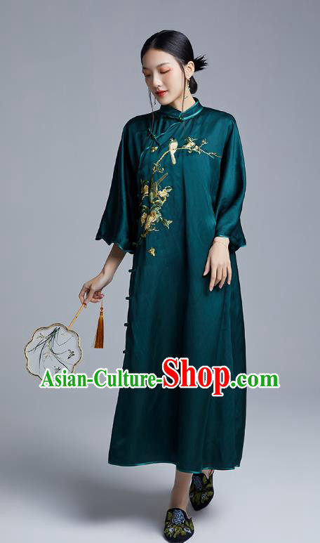 China Classical Embroidered Flowers Bird Cheongsam Costume Traditional Young Lady Atrovirens Silk Qipao Dress