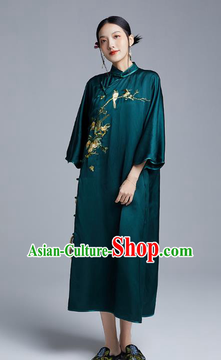 China Classical Embroidered Flowers Bird Cheongsam Costume Traditional Young Lady Atrovirens Silk Qipao Dress