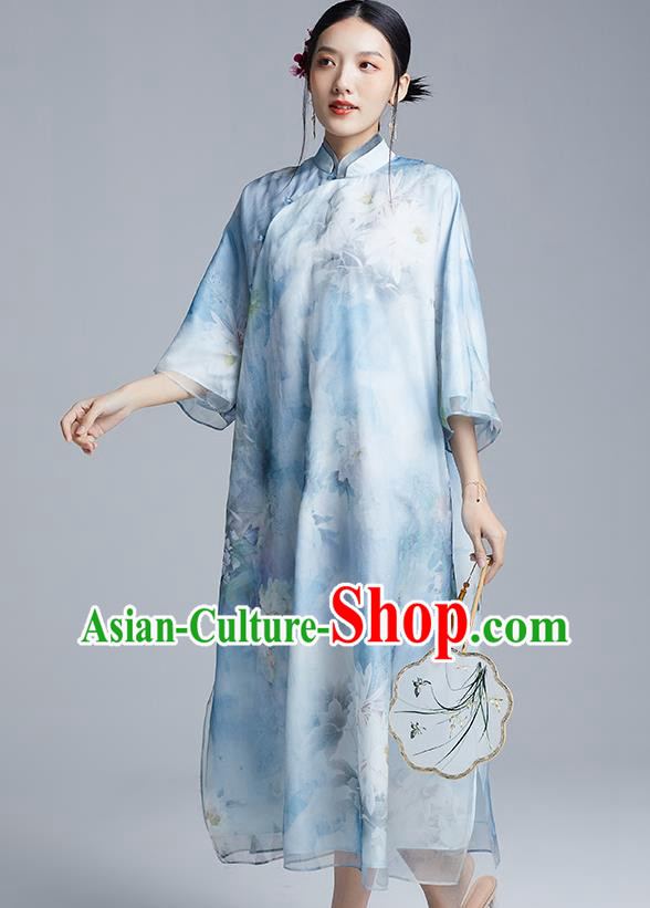 China Classical Loose Cheongsam Costume Traditional Young Lady Printing Peony Blue Organdy Qipao Dress