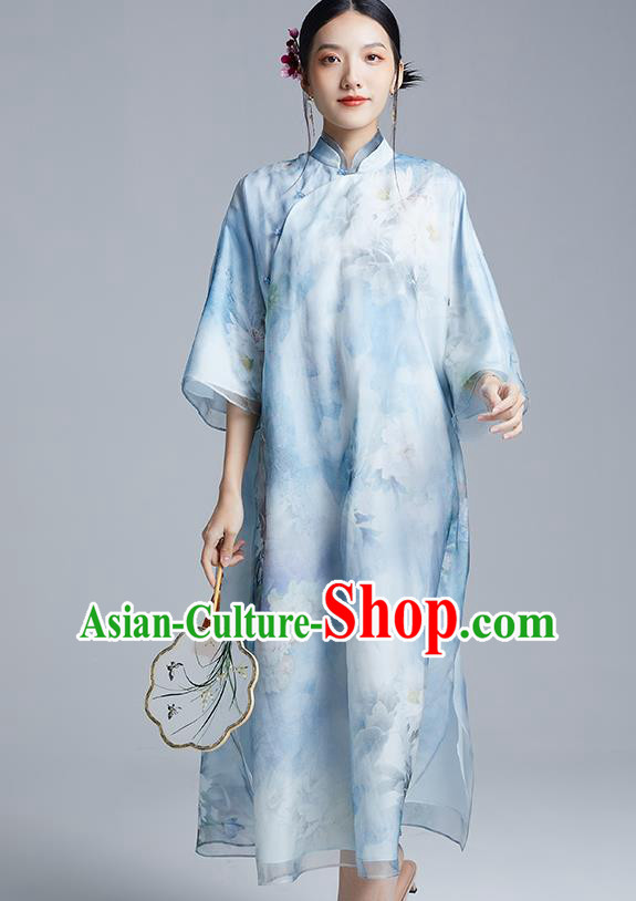 China Classical Loose Cheongsam Costume Traditional Young Lady Printing Peony Blue Organdy Qipao Dress