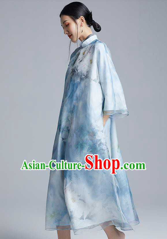 China Classical Loose Cheongsam Costume Traditional Young Lady Printing Peony Blue Organdy Qipao Dress