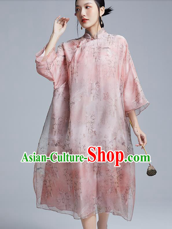 China Classical Printing Pink Organdy Cheongsam Costume Traditional Young Lady Loose Qipao Dress